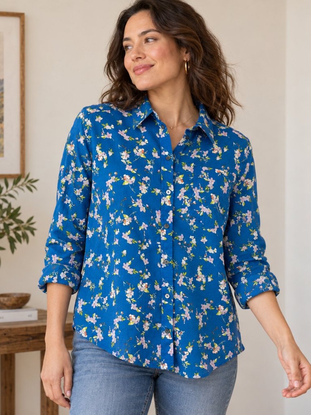 Sundance Floral Shirt Top Blue 100% Cotton Button Front Boho Size Medium